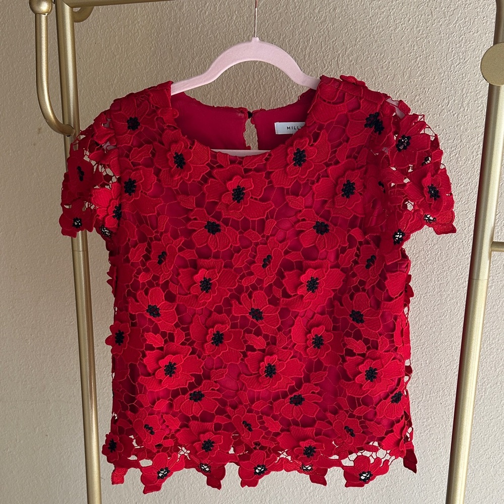 Milly Red Floral Lace Short Sleeve Top